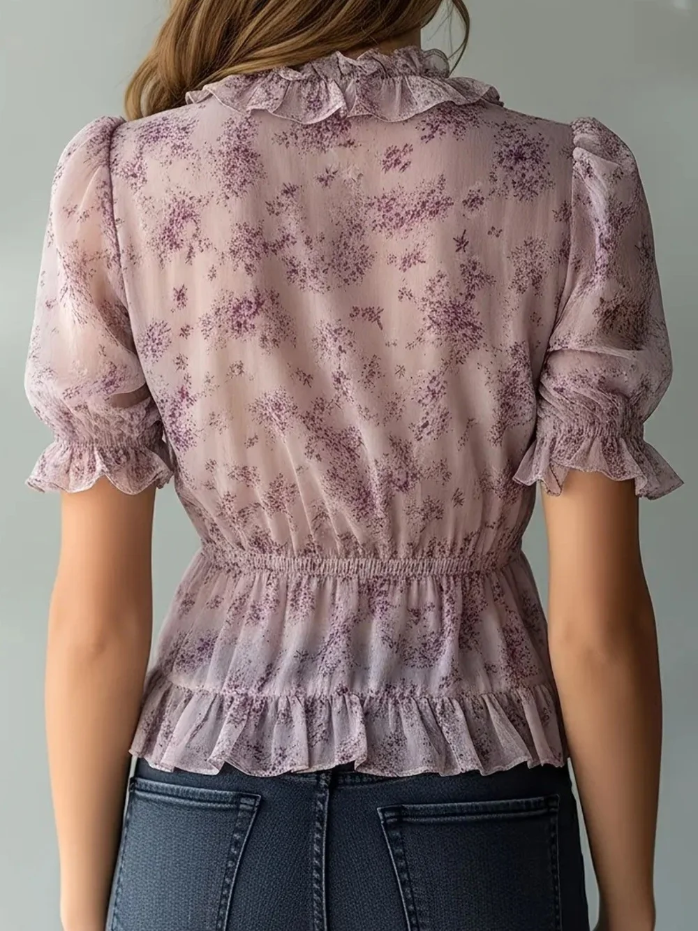 Sheer Floral Lavender Peplum Blouse with Zip Front